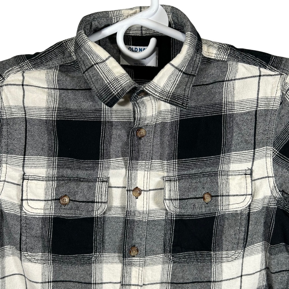 Old Navy Mens Double-Brushed Flannel Shirt Black White Plaid Button Down Medium